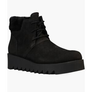 Eileen Fisher Kenille Black suede Genuine Shearling Trim Wedge Bootie size 5